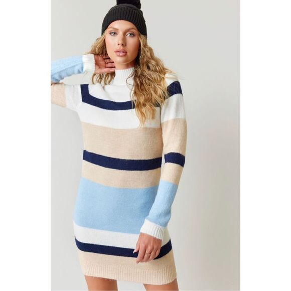 GENNIE STRIPED MOCK NECK SWEATER MINI DRESS - Picture 1 of 9